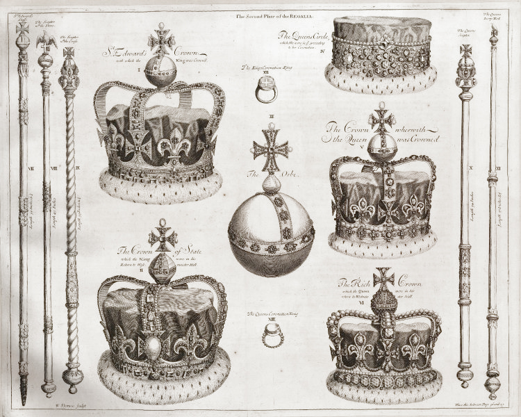 An engraved plate of the English regalia used at the coronation of James II, showing St Edward's Crown, the Crown of State, the orb and the sceptres.